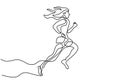 Continuous one line drawing of young woman athlete runner focus sprint run. Character girl running around isolated on white