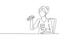 Continuous one line drawing young woman having hamburger meal and drink cup of cola with hand. Happy and enjoy lunch at restaurant
