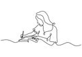 Continuous one line drawing of a young woman taking some notes. A girl is study on her bedroom and writing with pen on paper