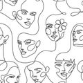 Continuous one line faces pattern. Linear female beauty models, abstract contour lines female portraits and minimalist