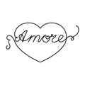 Continuous One Line heart and script cursive text amore love in Italian. Vector illustration for poster, card, banner valentine
