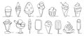 Continuous one line ice cream. Hand drawn soft serve frozen desserts, cold popsicles and sundaes vector illustration set Royalty Free Stock Photo