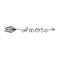 Continuous One Line lettering amore love in Italian in the form of an arrow. Vector illustration for poster, card, banner