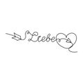 Continuous One Line lettering heart and liebe love in Deutsch in the form of an arrow. Vector illustration for poster, card,