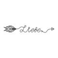 Continuous One Line lettering liebe love in Deutsch in the form of an arrow. Vector illustration for poster, card, banner
