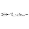 Continuous One Line lettering liebe love in Deutsch in the form of an arrow. Vector illustration for poster, card, banner