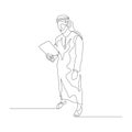 Continuous one line man in arabic clothes use tablet. Vector stock illustration. Royalty Free Stock Photo