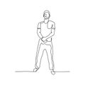 Continuous one line man in a closed pose, bodyguard pose. Stock illustration.