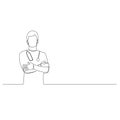 Continuous one line man doctor with phonendoscope stand with arms crossed. Vector illustration. Royalty Free Stock Photo