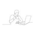 Continuous one line man with a drink in a mug in front of a laptop. Vector illustration.