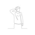 Continuous one line man is holding the back of his head with his hand. A difficult situation. Vector illustration.