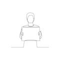 Continuous one line man holding a tablet copyspace. Vector illustration. Royalty Free Stock Photo