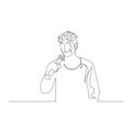 Continuous one line man with a microphone in her hand speak. Vector illustration.