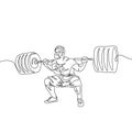 Continuous one line a man performs a squat with a heavy barbell