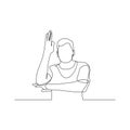 Continuous one line man pull her hand up, want to answer a question. Vector illustration. Royalty Free Stock Photo