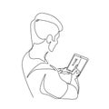 Continuous one line man scrolls news feed on a tablet. Vector stock illustration. Royalty Free Stock Photo