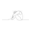 Continuous one line man sitting on the floor with her head bowed and hugging her knees with her hands. Vector