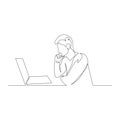 Continuous one line man sitting thoughtfully in front of a laptop. Vector illustration.