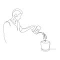 Continuous one line man is watering a plant in a pot. The concept of nurturing, investing and capital. Vector stock Royalty Free Stock Photo