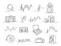 Continuous one line music illustrations. Linear headphones, audio speakers and scribble hand drawn notes vector set