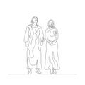 Continuous one line muslim couple in arabic clothing. Vector stock illustration.