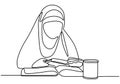 Continuous one line muslimah woman student reading a book with a glass coffee on desk. Character hijab lady reads. Back to school