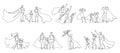 Continuous one line superhero family. Heroic parents with super kids wear hero capes vector illustration set