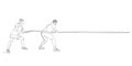 Continuous one line two men pull the rope. Tug of war. Vector stock illustration. Royalty Free Stock Photo