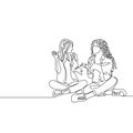 Continuous one line drawing two womans sitting cross-legged and talking