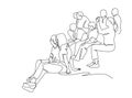 Continuous one line vector drawing group of people. Audience silhouette hand drawn characters. Crowd sitting in a street