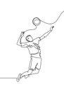 Continuous one line volleyball player. Man jumps to throw the ball. Vector illustration minimalist design simplicity style lineart