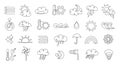 Continuous one line weather icons. Minimalist linear weather forecast symbols for clouds, sun, rain, wind and