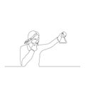 Continuous one line woman chemist thoughtfully looks at the flask in his hand. Vector stock illustration.