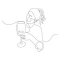 Continuous one line woman with a glass of wine in hand. Vector