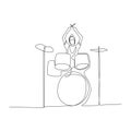 Continuous one line woman going to playing drums. Vector .