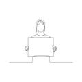 Continuous one line woman holding a tablet copyspace. Vector illustration. Royalty Free Stock Photo