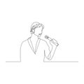 Continuous one line woman with a microphone in her hand speak. Vector illustration.