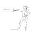 Continuous one line woman points forward with a sword. Vector