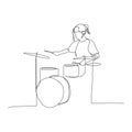 Continuous one line woman with ponytail playing drums. Vector .