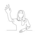 Continuous one line woman pull her hand up, want to answer a question. Vector. Royalty Free Stock Photo