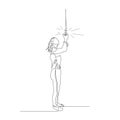 Continuous one line woman sets a light bulb and she starts to glow. Concept of new idea and creativity. Vector