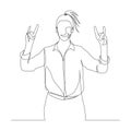 Continuous one line woman shows sign of the horns with two hands. Rock theme. Vector