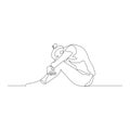 Continuous one line woman sitting on the floor with her head omitted and hugging her knees with her hands. Vector