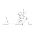 Continuous one line woman sitting thoughtfully in front of a laptop. Vector illustration.