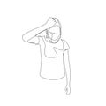 Continuous one line woman squeezes head hair with hand. Stress and Depression. Vector illustration.