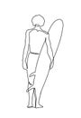 Continuous one single drawn surfer line on a surfboard on the crest of a wave on the beach. One line of a man with surfboard