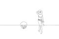 Continuous one single line art girl walking on sand beach concept. Beautiful woman sunset tropical holiday travel