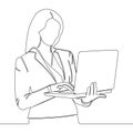 Continuous line drawing businesswoman working on laptop