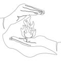 Continuous line drawing fire and hands lantern care concept