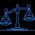 Continuous line drawing justice law judgement balance Scales weighing icon neon glow vector illustration concept Royalty Free Stock Photo